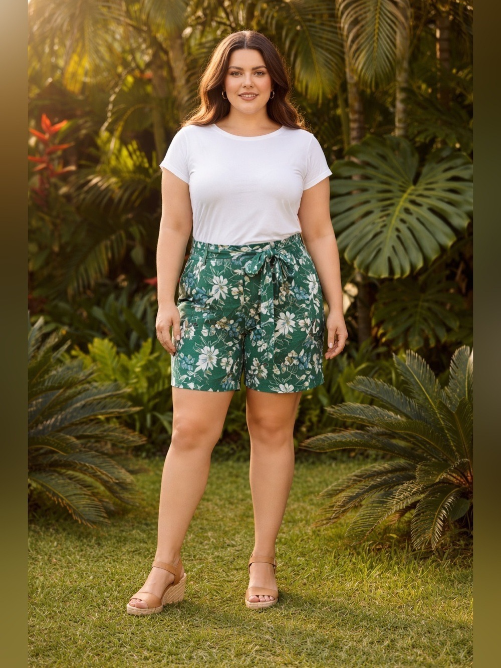 Eloquii green and white floral belted shorts NWT size 22